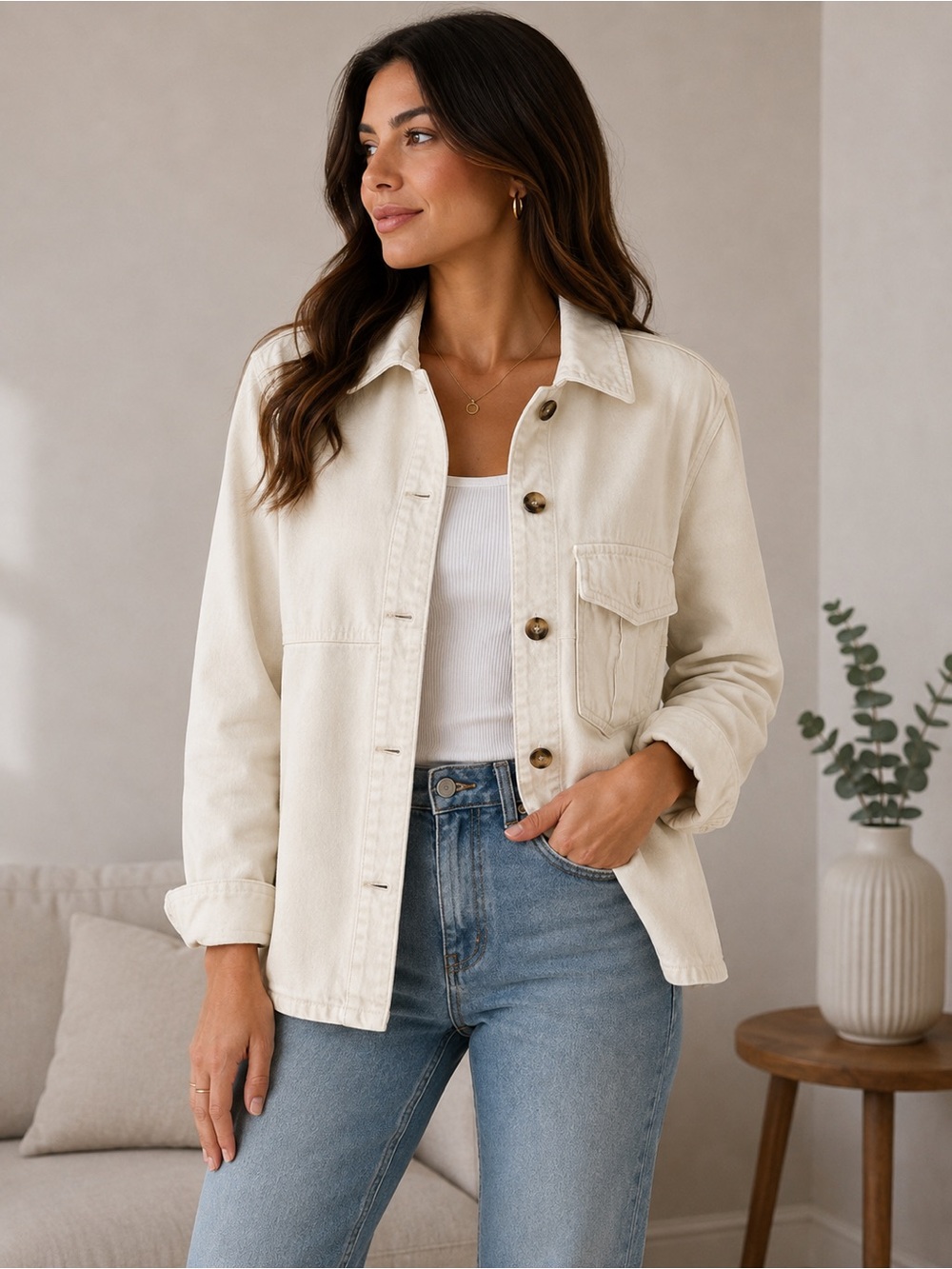 Zara Cream Button-Front Denim Jacket